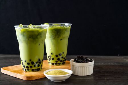 matcha green tea latte with bubbleの写真素材