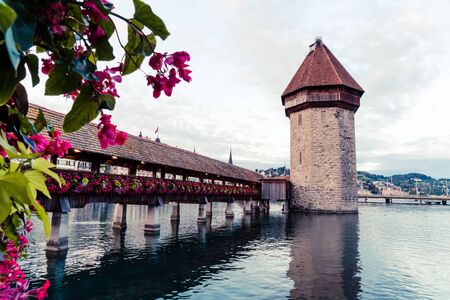 Historic city center of Lucerne (Luzern) with famous Chapel Bridge in Switzerland.の写真素材