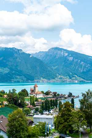 Spiez Castle with Thun Lake in Switzerlandのeditorial素材