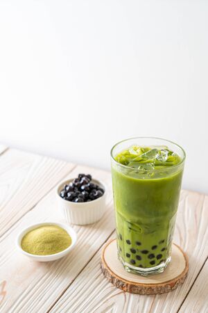 matcha green tea latte with bubbleの写真素材