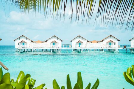 Beautiful tropical Maldives resort hotel and island with beach and sea  - boost up color processing styleの写真素材