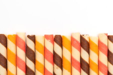biscuit wafer stick with chocolate cream flavour isolated on white backgroundの写真素材