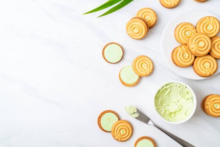 cookies with pandan and milk creamの写真素材