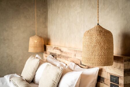 beautiful comfortable pillows decoration on bed in bedroomの写真素材