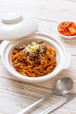 Korean hot and spicy instant noodle with kimchi - korean food styleの写真素材
