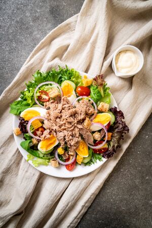 Tuna with vegetable salad and eggs - healthy food styleの写真素材