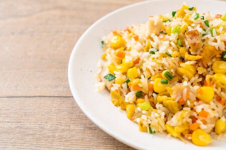 homemade fried rice with chickenの写真素材