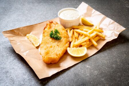 fish and chips with french fries - unhealthy foodの写真素材