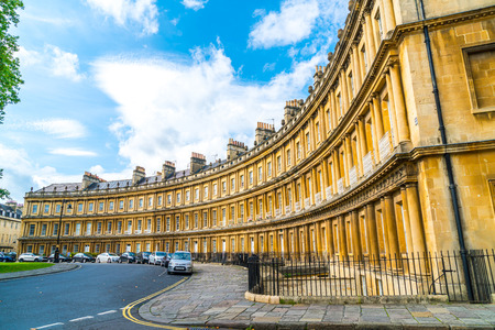 BATH, UK - AUG 30 2019: General View of The Circus designed by architect John Wood the Elder in the 18th century on Oct 4, 2012 in Bath, UK. The landmark Circus consists of terraced Georgian Town Houses.のeditorial素材