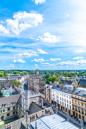 Oxford, UK - August 29, 2019: High angle view of High Street of Oxford, United Kingdom.のeditorial素材