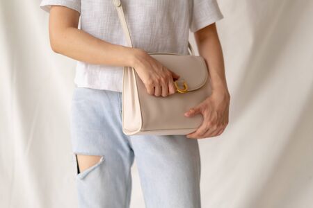 beautiful woman leather fashion bagの写真素材