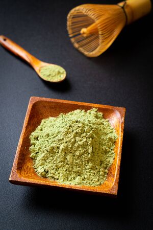 matcha green tea powder with bamboo whiskの写真素材