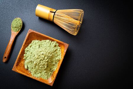 matcha green tea powder with bamboo whiskの写真素材