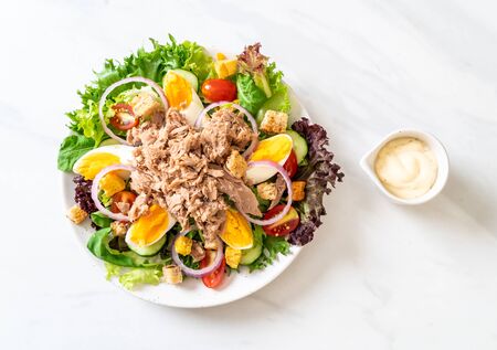 Tuna with vegetable salad and eggs - healthy food styleの写真素材