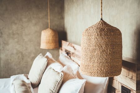 beautiful comfortable pillows decoration on bed in bedroomの写真素材