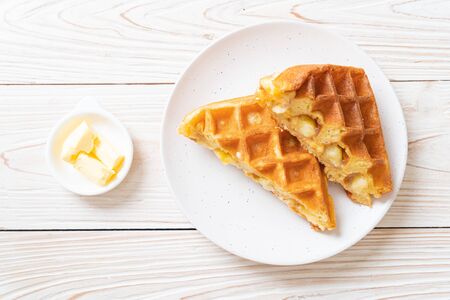 waffle with custard cream on plate