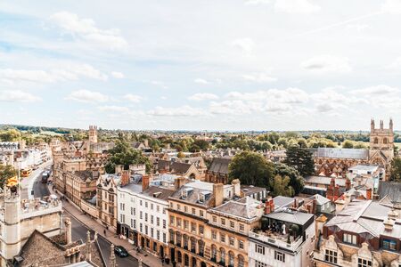 Oxford, UK - August 29, 2019: High angle view of High Street of Oxford, United Kingdom.のeditorial素材