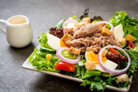 Tuna with vegetable salad and eggs - healthy food styleの写真素材