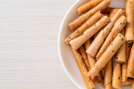 crispy coconut roll - a type of rolled wafer, a traditional dessert in Thailandの写真素材