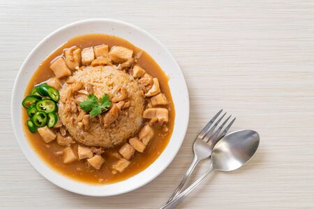 Chicken in brown sauce or gravy sauce with rice - Asian food styleの写真素材