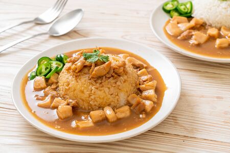 Chicken in brown sauce or gravy sauce with rice - Asian food styleの写真素材