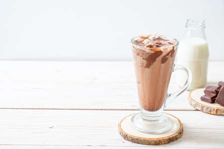 Iced chocolate milkshake drink on wood backgroundの写真素材