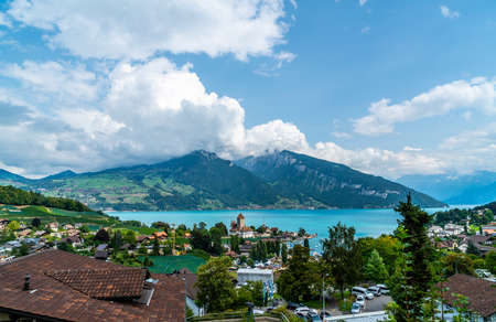 Spiez Castle with Thun Lake in Switzerlandのeditorial素材