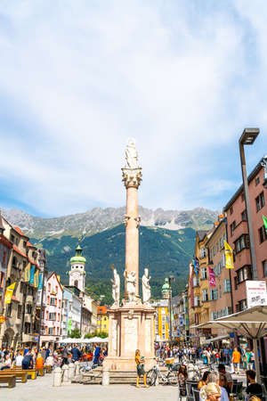 INNSBRUCK, AUSTRIA - AUGUST 29, 2019: Innsbruck town center with lots of people and street cafes in Innsbruck, Tyrol, Austriaのeditorial素材