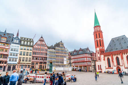 FRANKFURT, GERMANY - SEP 2, 2018: People on Roemerberg square in Frankfurt, Germany. Frankfurt is the fifth-largest city in Germany.のeditorial素材