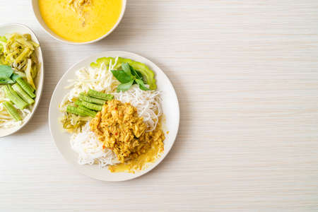 Thai Rice Noodles with Crab Curry and Variety Vegetables - Thai local southern foodの写真素材