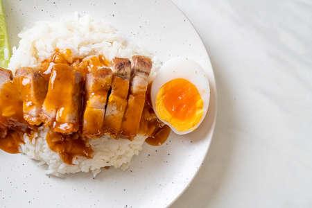 crispy belly pork on rice with barbecue red sauceの写真素材