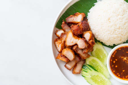 fried belly pork with rice with spicy sauce in Asian styleの写真素材