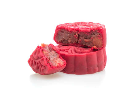 Chinese moon cake strawberry red bean flavour isolated on white background