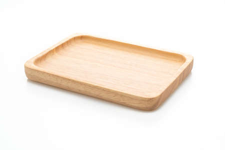 wooden tray or plate isolated on white backgroundの写真素材