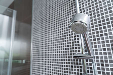 close-up shower head in bathroomの写真素材