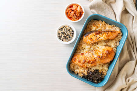 baked salmon with cheese and spicy miso rice bowl