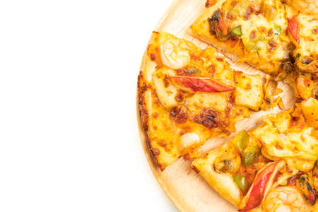seafood pizza on wood tray isolated on white backgroundの写真素材