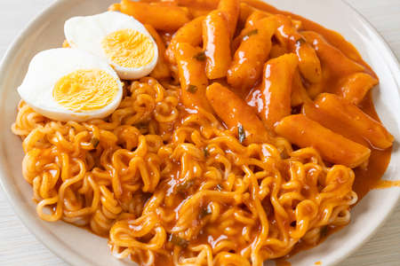 Rabokki (Ramen or Korean instant noodle and Tteokbokki) in spicy korean sauce - Korean food style
