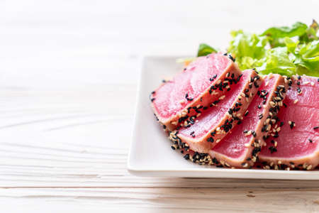 fresh tuna raw with vegetable salad - healthy foodの写真素材