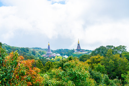 Landmark pagoda in doi Inthanon national park with cloudy sky at Chiang Mai, Thailand.