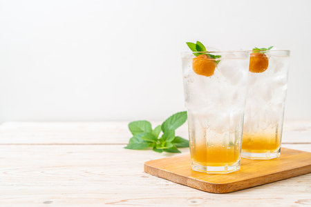 iced plum juice with soda and peppermint on wood table - refreshment drinkの写真素材