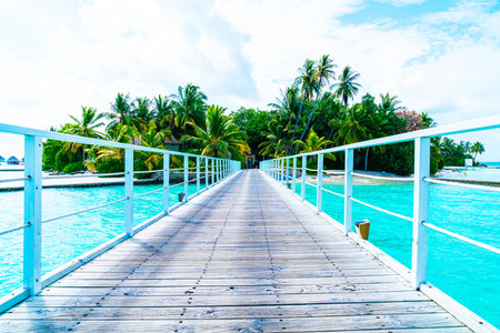Beautiful tropical Maldives resort hotel and island with beach and sea  - boost up color processing styleの写真素材