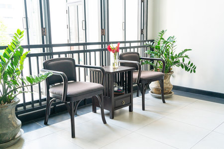 empty wood chair in a roomの写真素材