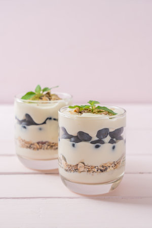 fresh blueberries and yogurt with granola - Healthy food styleの写真素材