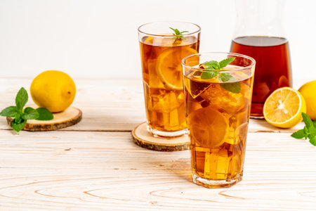 glass of ice lemon tea with mintの写真素材