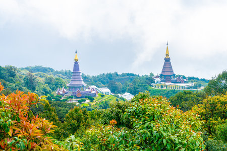 Landmark pagoda in doi Inthanon national park with cloudy sky at Chiang Mai, Thailand.の写真素材
