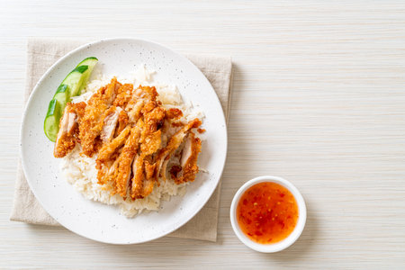 Hainanese chicken rice with fried chicken or rice steamed chicken soup with fried chicken - Asian food styleの写真素材