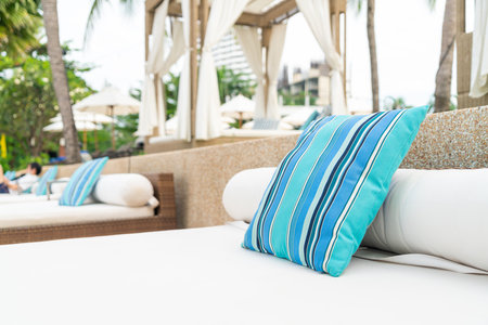comfortable pillow on pavilion near beach - travel and vacation conceptの写真素材