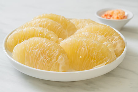 Fresh peeled pomelo, grapefruit or shaddock on white plateの写真素材