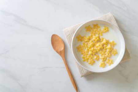 whole grain cereals with fresh milk for breakfastの写真素材